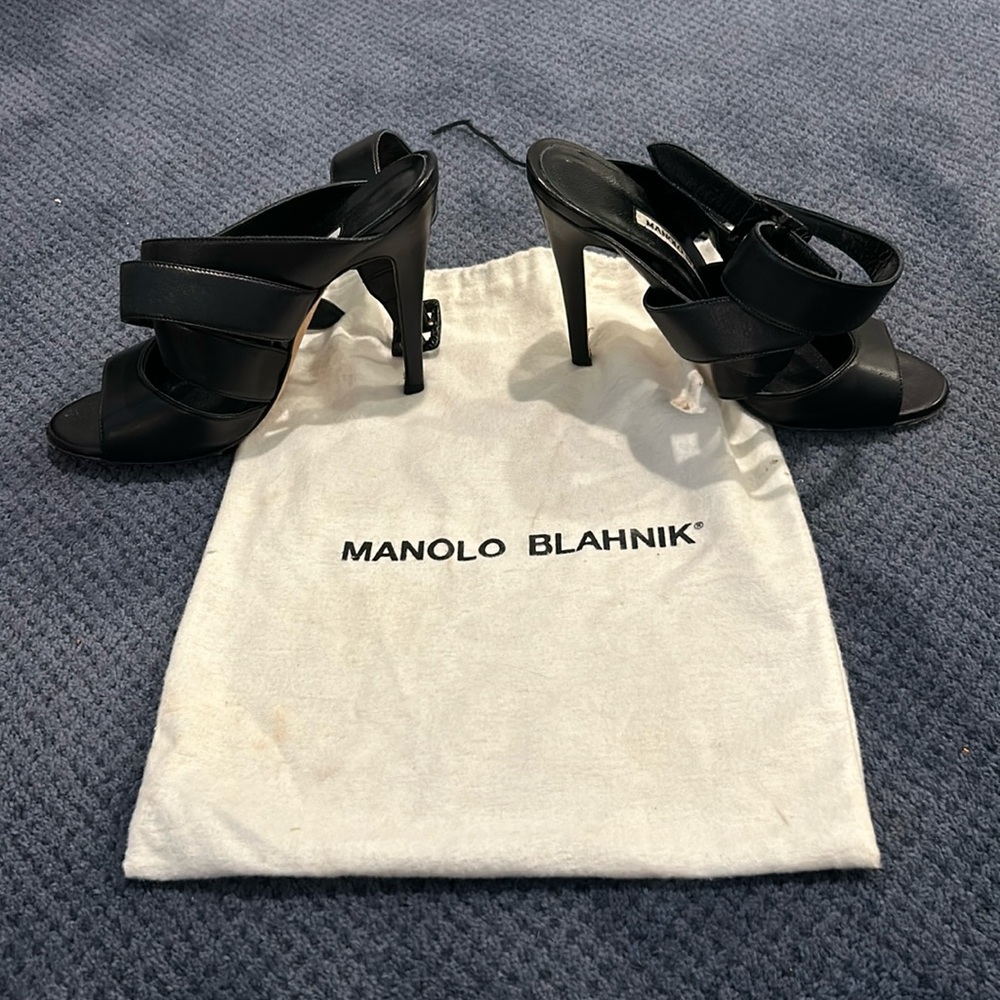 Manolo Blahnik strappy 4 1/2” heel black leather